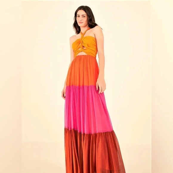 open lace back dress FARM Rio red, blue, orange viscose & modal fun shapes Long sleeve Dres   Sola Lucy